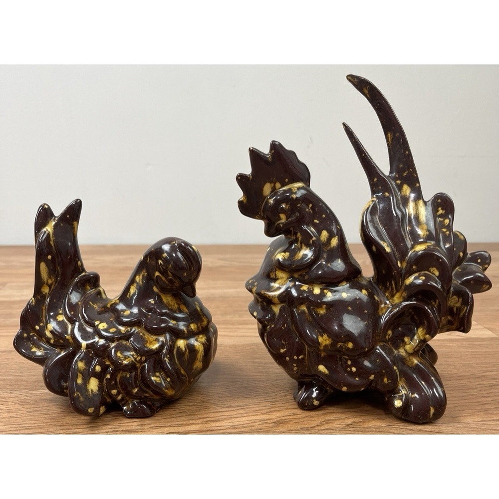 Vintage MCM Brown & Yellow Drip Glaze Ceramic Hen and Rooster Figurines Chickens